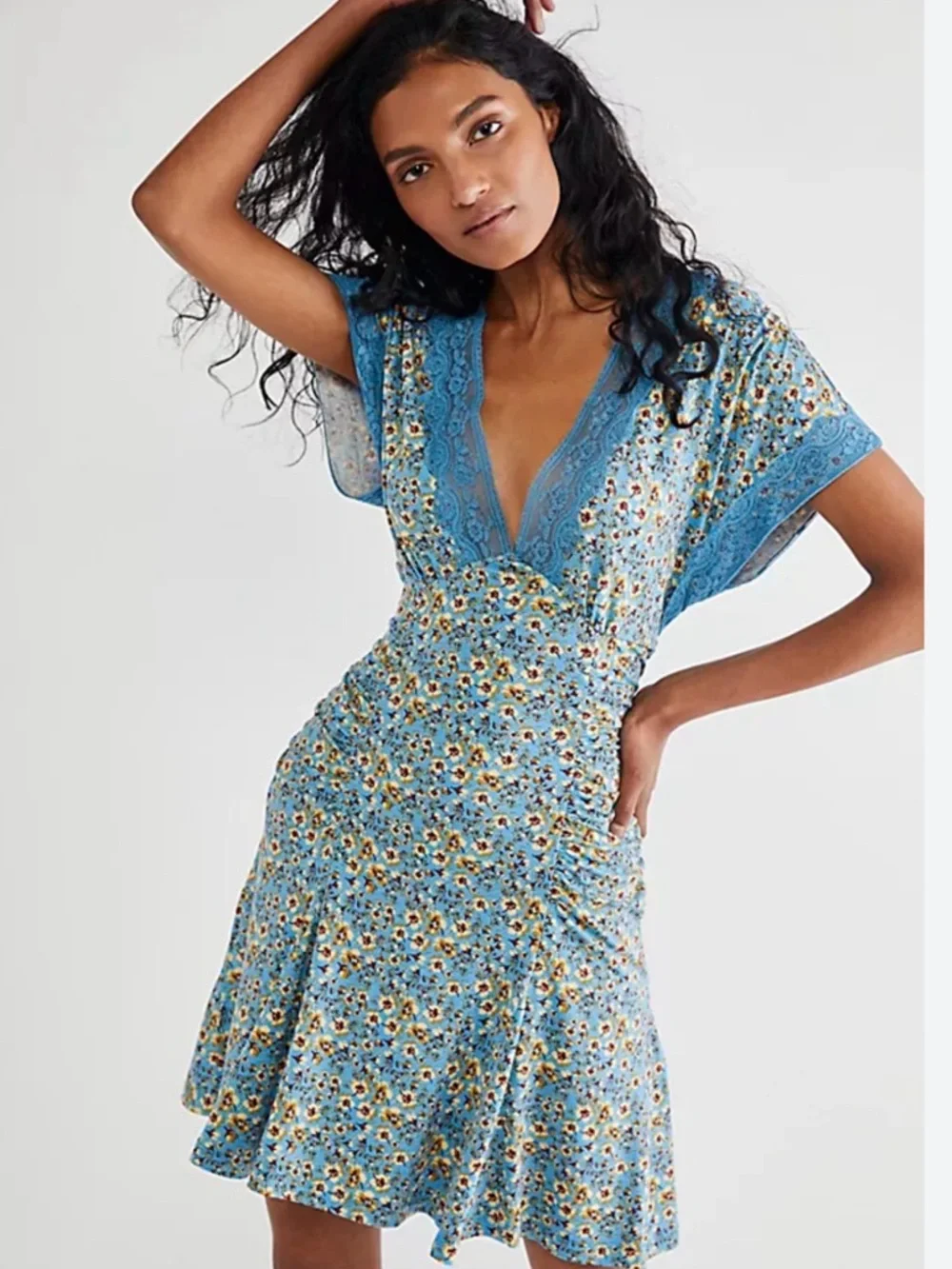 Free People Blue Floral Lace-Trim Open-Back Mini Dress - Picture 2 of 12